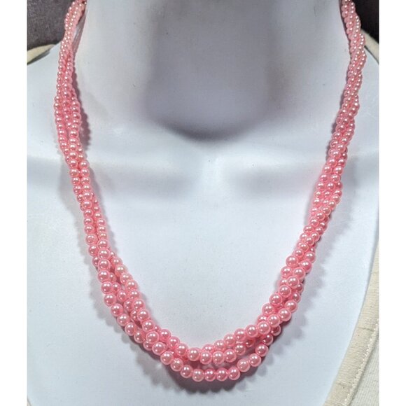 Coquette Pink Faux Pearl Triple Strand Twisted Necklace - Picture 4 of 6